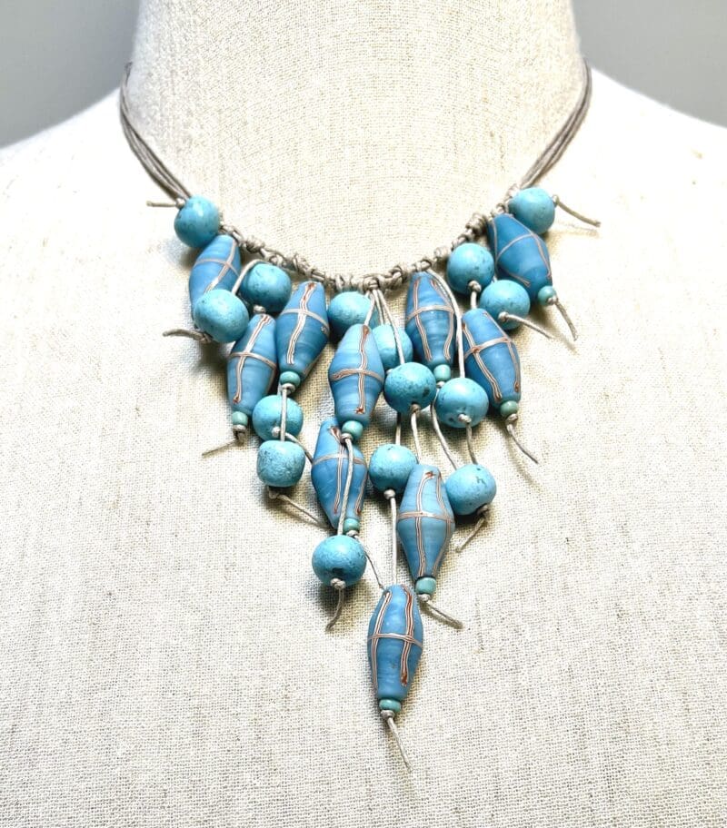 Light blue Moroccan and Java cross beads dangle necklace on taupe string (N-442) - Image 2