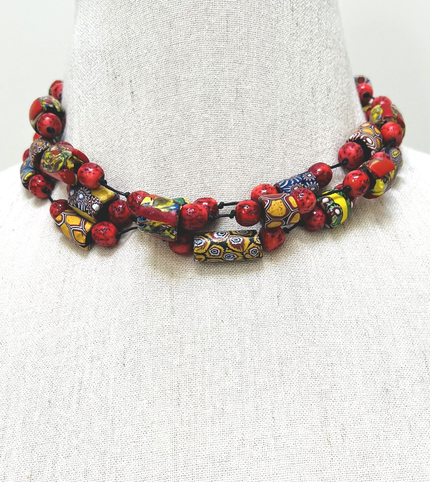 Antique Venetian Millefiori and red beads 3-strand necklace on black string/cord (N-457) - Image 4