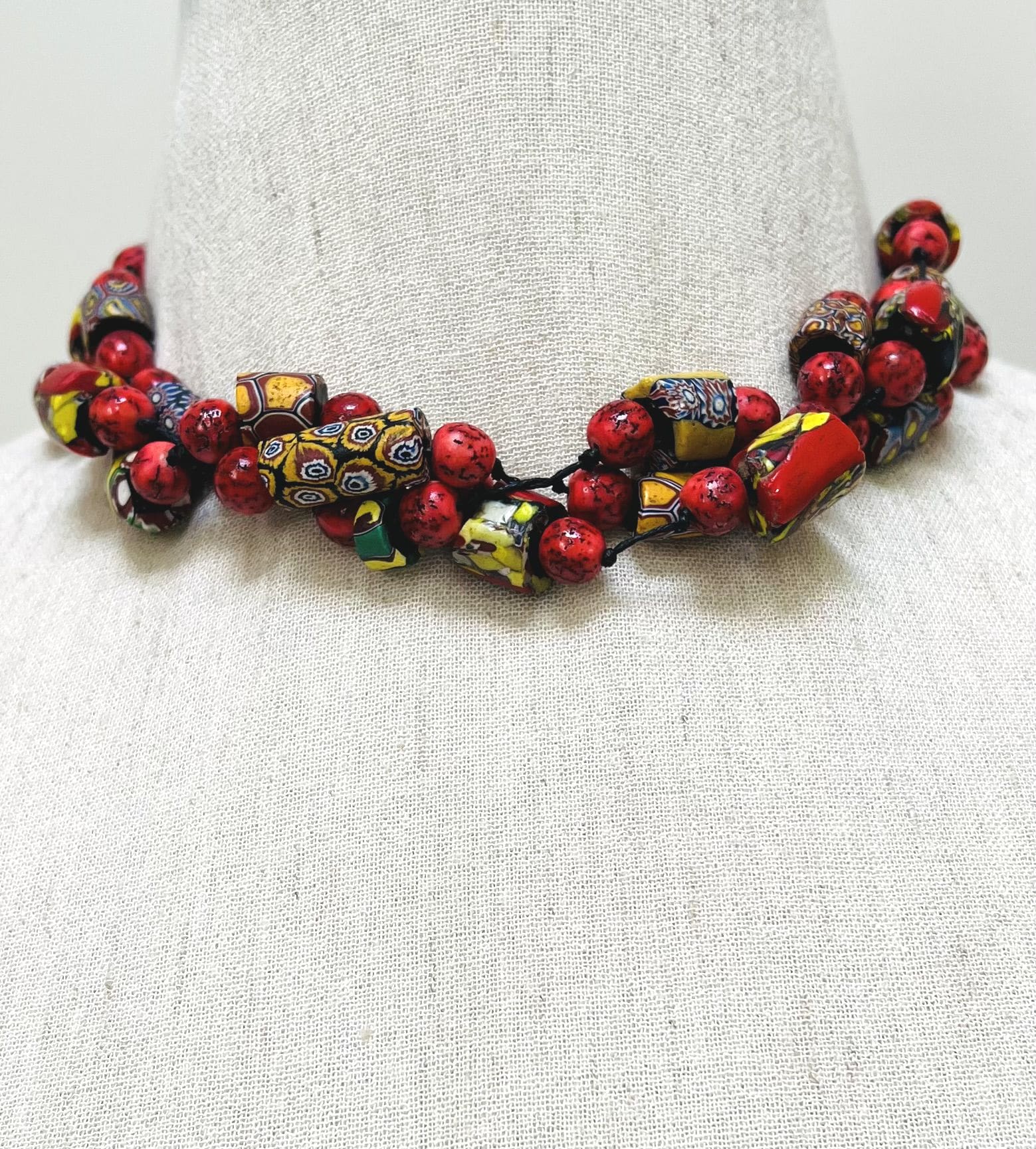 Antique Venetian Millefiori and red beads 3-strand necklace on black string/cord (N-457) - Image 3