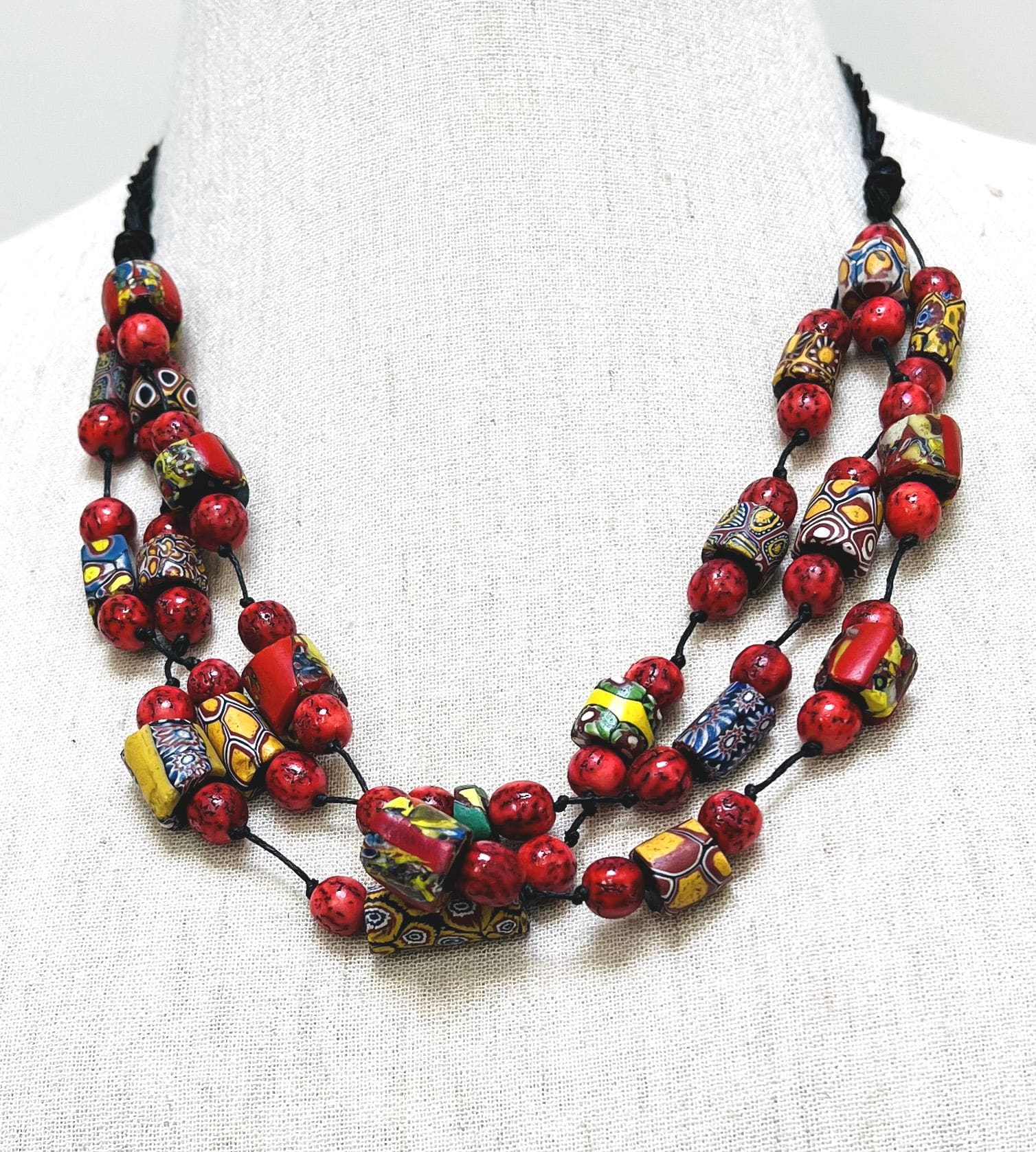 Antique Venetian Millefiori and red beads 3-strand necklace on black string/cord (N-457)
