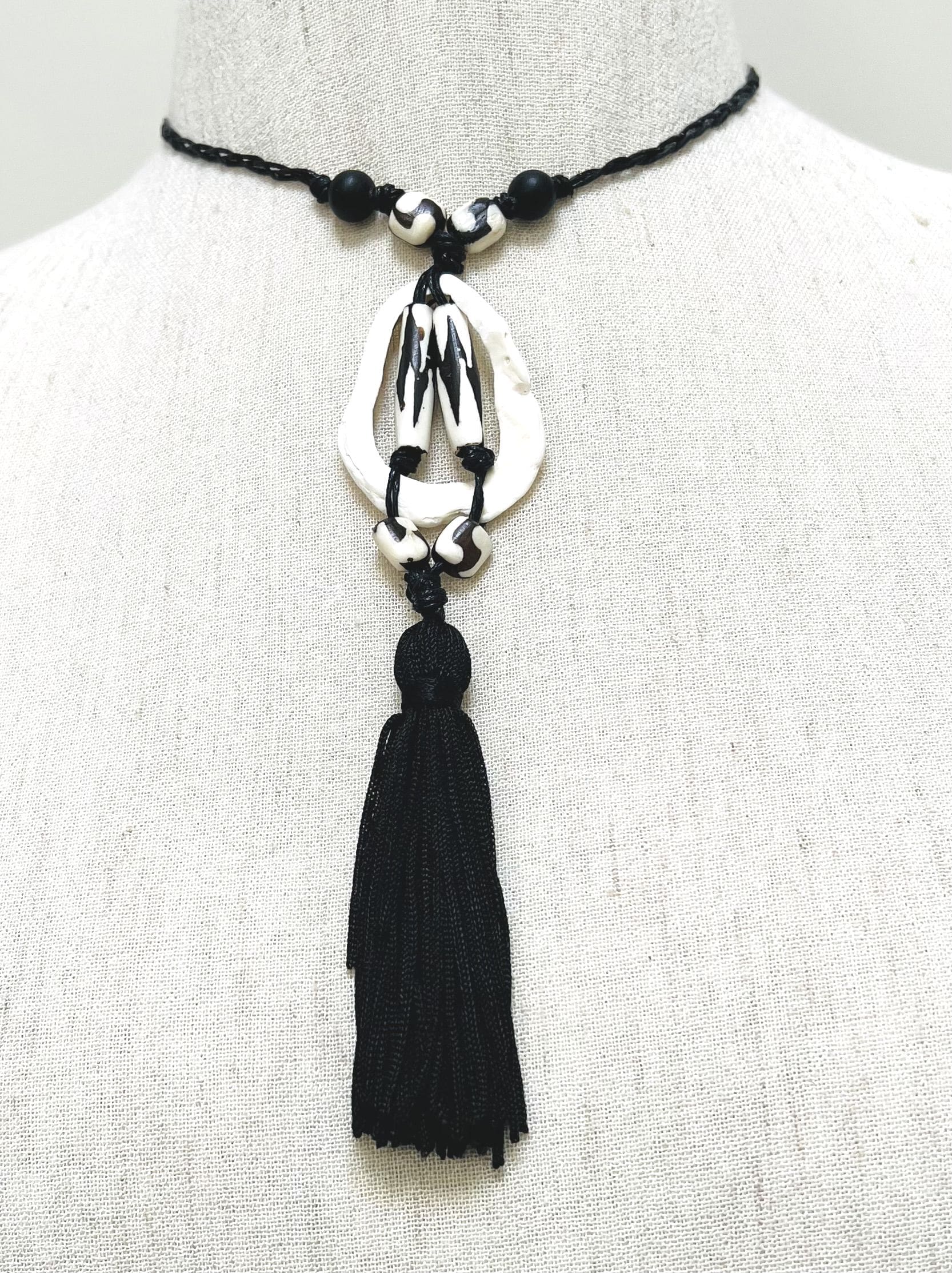 Shell piece, black and white African beads and black tassel drop necklace (N-460) - Image 3